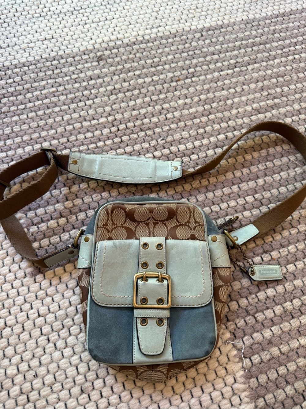Coach Signature Canvas Crossbody Bag Light Blue Leather Trim Style 7062